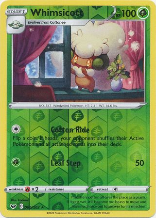 Rare Reverse Holo Pokemon Card Whimsicott 006/202 NM Sword & Shield Set