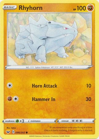 Rhyhorn 096 202 Common Sword Shield Base Set Singles Rhyhorn 096 202 Common Sword Shield Base Set Singles
