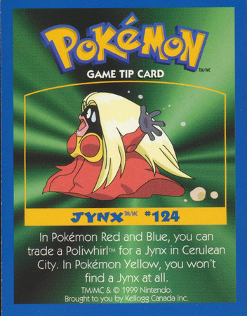 124 Jynx 1999 Canadian Pokemon Tip Card Kellog Pokemon Collectible Cards Stickers 124 Jynx 1999 Canadian Pokemon Tip Card Kellog Pokemon Collectible Cards Stickers