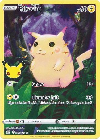 Carta do 25º Aniversário de Holo Pikachu em segunda mão durante 22