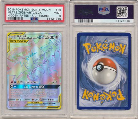 Pokemon - Sun & Moon - Hidden Fates - Moltres & Zapdos & Articuno-GX  (Rainbow Rare) - 69/68 - Graded 