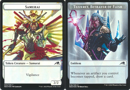 Samurai 003 019 Emblem Tezzeret Betrayer of Flesh 019 019 Double sided Token Foil Kamigawa Neon Dynasty Collector Booster Foil Singles Samurai 003 019 Emblem Tezzeret Betrayer of Flesh 019 019 Double sided Token Foil Kamigawa Neon Dynasty Collector Booster Foil Singles