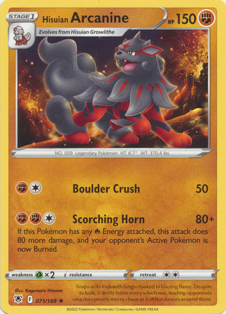 Hisuian Arcanine 071 189 Rare Sword Shield Astral Radiance Singles Hisuian Arcanine 071 189 Rare Sword Shield Astral Radiance Singles