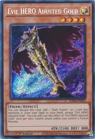 Evil HERO Adusted Gold RA04 EN029 Secret Rare 1st Edition Evil HERO Adusted Gold RA04 EN029 Secret Rare 1st Edition