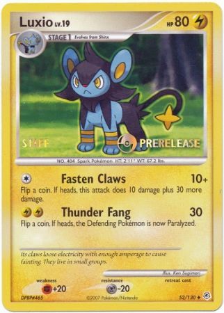 Luxio 52 130 Staff Pre Release Promo Pokemon Pre Release Promos Luxio 52 130 Staff Pre Release Promo Pokemon Pre Release Promos