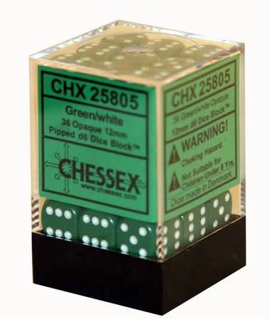 Chessex Opaque Green w White Set of 36 d6 Dice CHX25805 Dice Life Counters Tokens Chessex Opaque Green w White Set of 36 d6 Dice CHX25805 Dice Life Counters Tokens