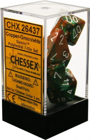 Chessex Gemini Copper Green w White Set of 7 Dice CHX26437 Chessex Dice Supplies Chessex Gemini Copper Green w White Set of 7 Dice CHX26437 Chessex Dice Supplies