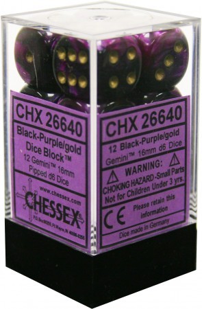 Purple/Gold 12 Gemini 16mm Pipped D6 Dice CHX 26640 Chessex Black 