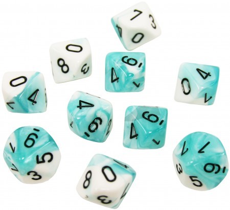 Chessex Gemini Teal White w Black Set of 10 d10 Dice CHX26244 Chessex Dice Supplies Chessex Gemini Teal White w Black Set of 10 d10 Dice CHX26244 Chessex Dice Supplies