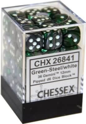 Chessex Gemini Green Steel w White Set of 36 d6 Dice CHX26841 Chessex Dice Supplies Chessex Gemini Green Steel w White Set of 36 d6 Dice CHX26841 Chessex Dice Supplies