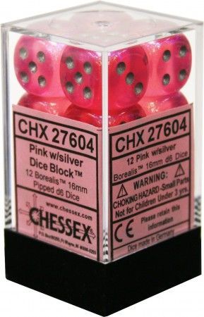 Chessex Borealis Pink w Silver Set of 12 d6 Dice CHX27604 Dice Life Counters Tokens Chessex Borealis Pink w Silver Set of 12 d6 Dice CHX27604 Dice Life Counters Tokens