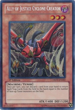 Ally of Justice Cyclone Creator DREV EN092 Secret Rare 1st Edition Ally of Justice Cyclone Creator DREV EN092 Secret Rare 1st Edition