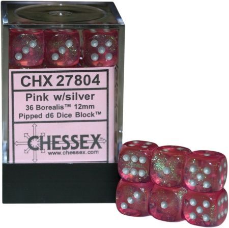 Chessex Borealis Pink w Silver Set of 36 d6 Dice CHX27804 Dice Life Counters Tokens Chessex Borealis Pink w Silver Set of 36 d6 Dice CHX27804 Dice Life Counters Tokens