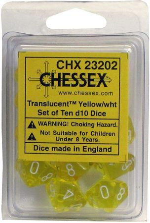 Chessex Translucent Yellow w White Set of 10 d10 Dice CHX23202 Dice Life Counters Tokens Chessex Translucent Yellow w White Set of 10 d10 Dice CHX23202 Dice Life Counters Tokens