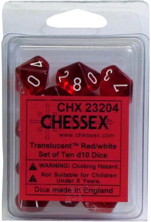 Chessex Translucent Red w White Set of 10 d10 Dice CHX23204 Dice Life Counters Tokens Chessex Translucent Red w White Set of 10 d10 Dice CHX23204 Dice Life Counters Tokens