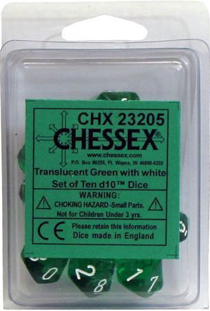 Chessex Translucent Green w White Set of 10 d10 Dice CHX23205 Dice Life Counters Tokens Chessex Translucent Green w White Set of 10 d10 Dice CHX23205 Dice Life Counters Tokens