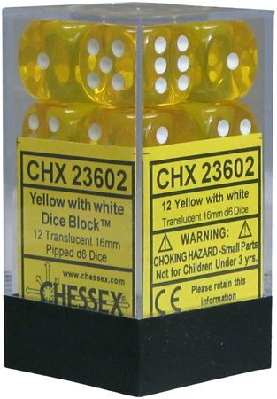 Chessex Translucent Yellow w White Set of 12 d6 Dice CHX23602 Dice Life Counters Tokens Chessex Translucent Yellow w White Set of 12 d6 Dice CHX23602 Dice Life Counters Tokens