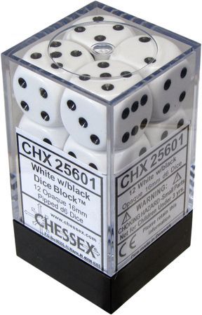 Chessex Opaque White w Black Set of 12 d6 Dice CHX25601 Dice Life Counters Tokens Chessex Opaque White w Black Set of 12 d6 Dice CHX25601 Dice Life Counters Tokens