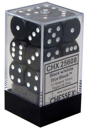 Chessex Opaque Black w White Set of 12 d6 Dice CHX25608 Dice Life Counters Tokens Chessex Opaque Black w White Set of 12 d6 Dice CHX25608 Dice Life Counters Tokens