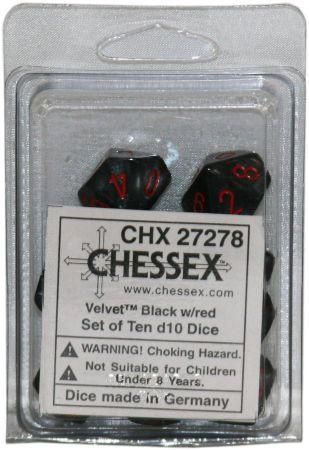 Chessex Velvet Black Set of 10 d10 Dice CHX27278 Dice Life Counters Tokens Chessex Velvet Black Set of 10 d10 Dice CHX27278 Dice Life Counters Tokens