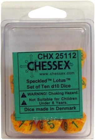 DICE Chessex Speckled YELLOW LOTUS with Orange Flecks 10d10 d10 Set 25112 