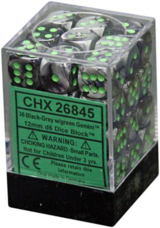 Chessex Gemini Black Grey w Green Set of 36 d6 Dice CHX26845 Dice Life Counters Tokens Chessex Gemini Black Grey w Green Set of 36 d6 Dice CHX26845 Dice Life Counters Tokens