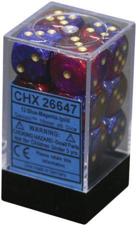 Chessex Gemini Blue Magenta w Gold Set of 12 d6 Dice CHX26647 Chessex Dice Supplies Chessex Gemini Blue Magenta w Gold Set of 12 d6 Dice CHX26647 Chessex Dice Supplies