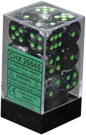 Chessex Gemini Black Grey w Green Set of 12 d6 Dice CHX26645 Dice Life Counters Tokens Chessex Gemini Black Grey w Green Set of 12 d6 Dice CHX26645 Dice Life Counters Tokens