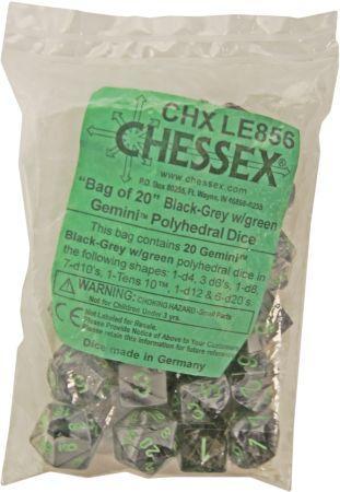 Chessex Gemini Black Grey w Green Assorted Bag of 20 Dice CHXLE856 Chessex Dice Supplies Chessex Gemini Black Grey w Green Assorted Bag of 20 Dice CHXLE856 Chessex Dice Supplies