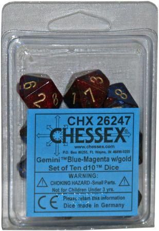 Chessex Gemini Blue w Magenta Set of 10 d10 Dice CHX26247 Chessex Dice Supplies Chessex Gemini Blue w Magenta Set of 10 d10 Dice CHX26247 Chessex Dice Supplies