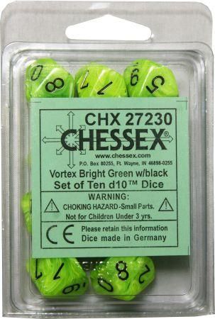 Chessex Vortex Bright Green w Black Set of 10 d10 Dice CHX27230 Dice Life Counters Tokens Chessex Vortex Bright Green w Black Set of 10 d10 Dice CHX27230 Dice Life Counters Tokens