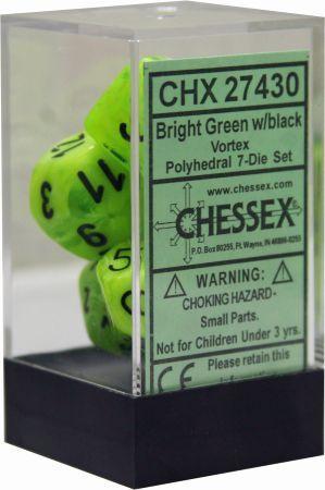 Chessex Vortex Bright Green w Black Set of 7 Dice CHX27430 Dice Life Counters Tokens Chessex Vortex Bright Green w Black Set of 7 Dice CHX27430 Dice Life Counters Tokens