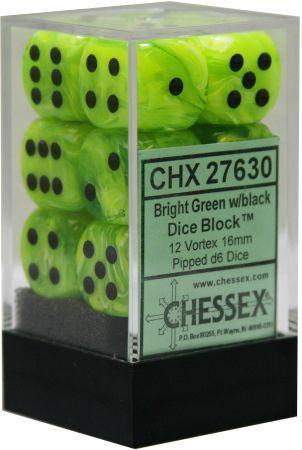 Chessex Vortex Bright Green w Black Set of 12 d6 Dice CHX27630 Dice Life Counters Tokens Chessex Vortex Bright Green w Black Set of 12 d6 Dice CHX27630 Dice Life Counters Tokens